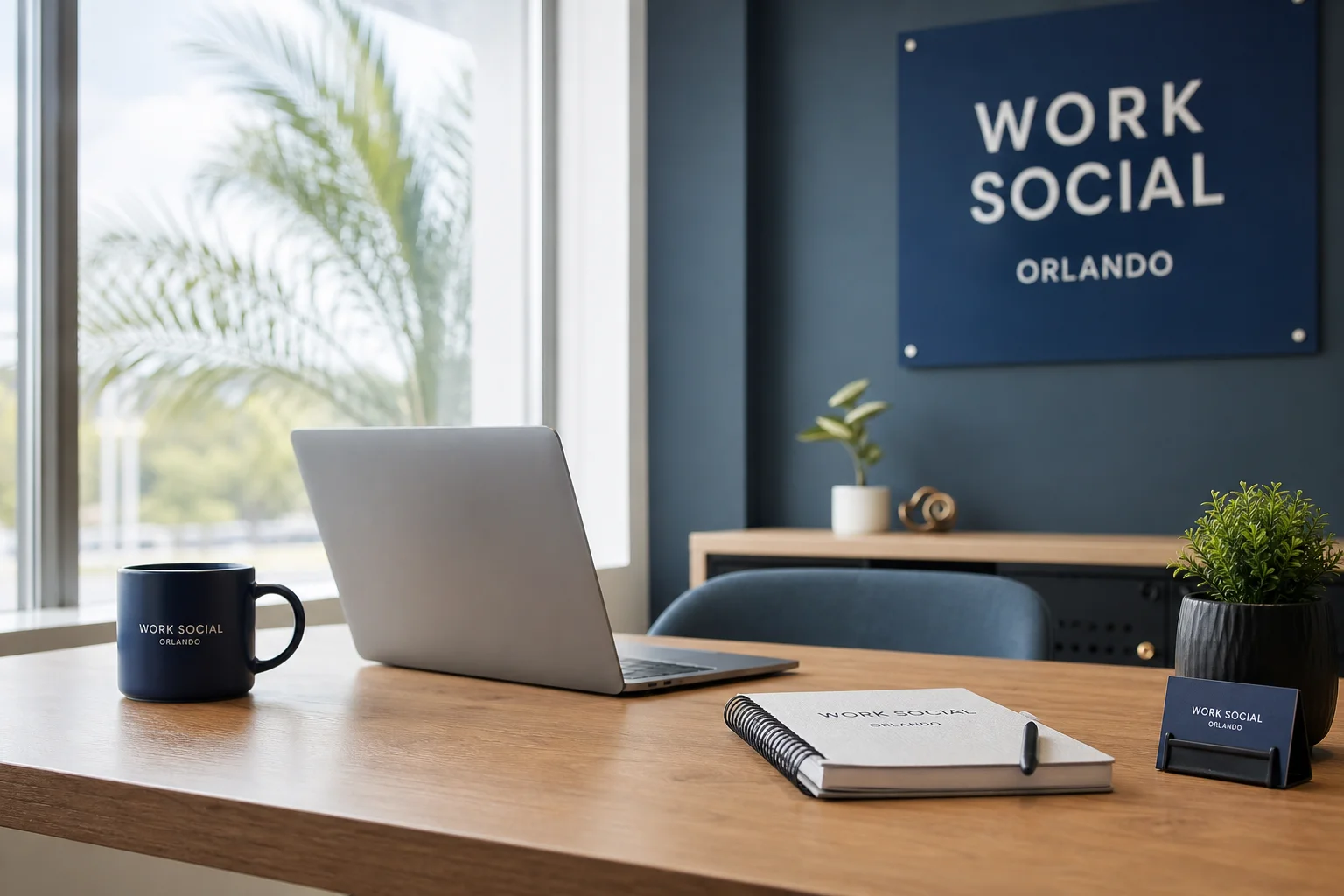 A modern, minimal Orlando coworking desk setup with a laptop and notebook