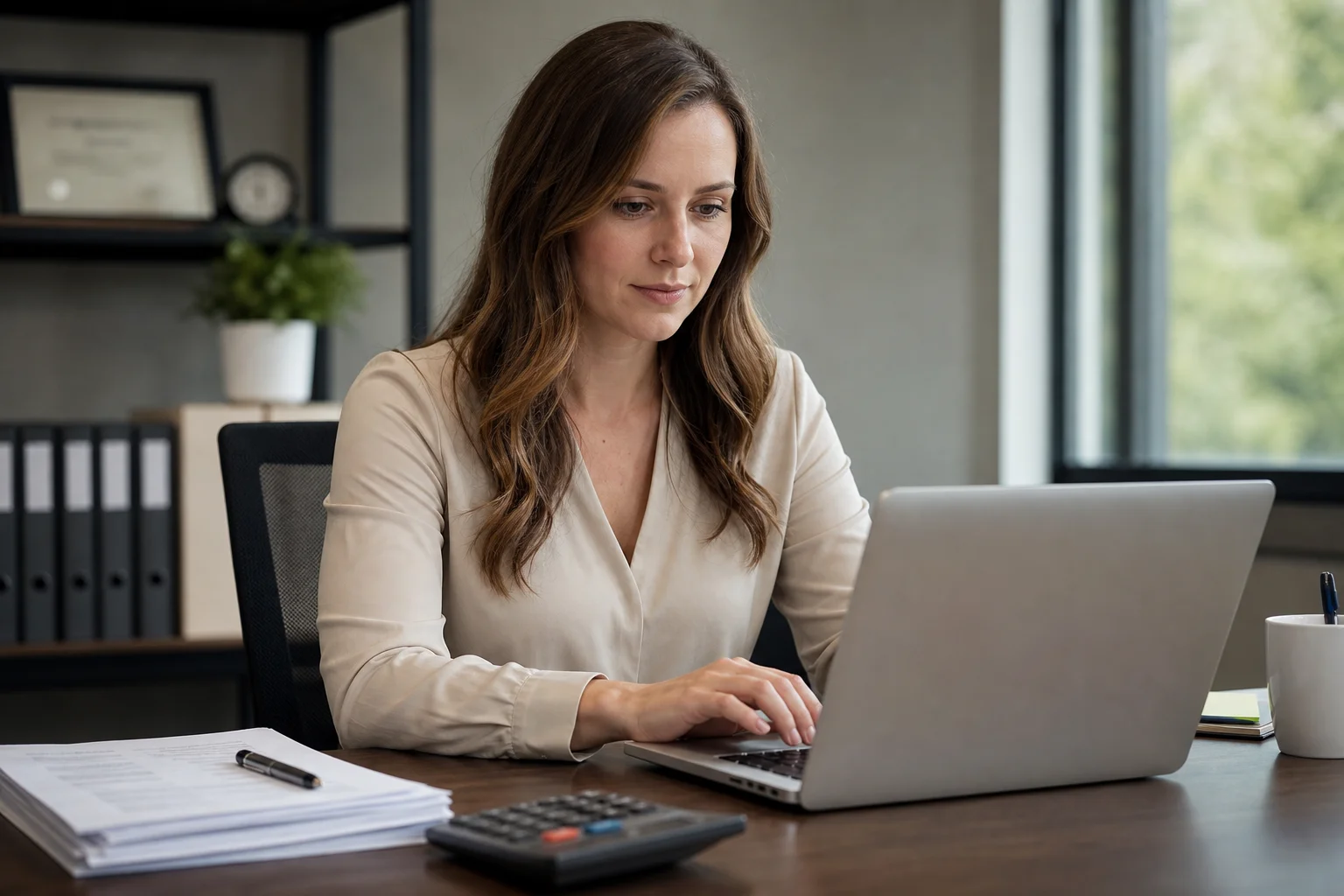 An accounting professional drafting a client email on a laptop at an organized desk