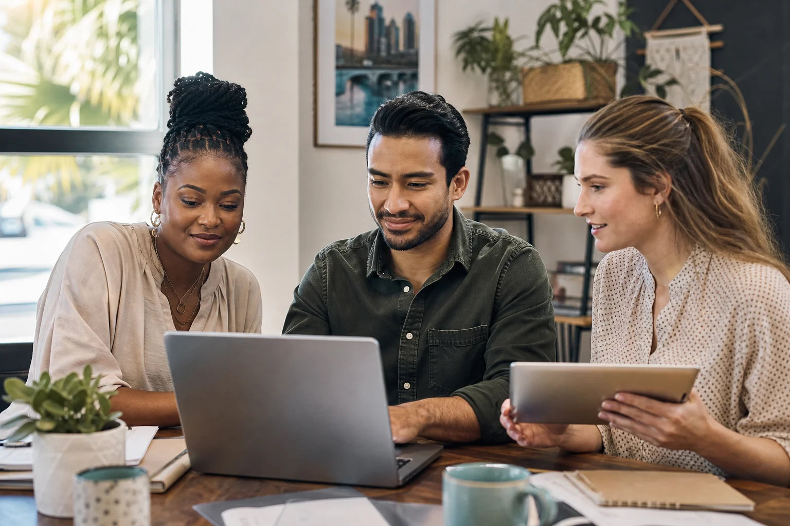 Three Orlando small business owners reviewing a webpage with clear questions and answers on a laptop
