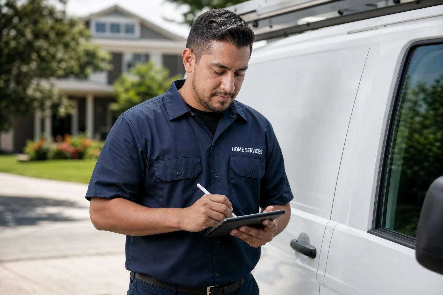 A home service contractor writing a quote on a tablet next to a work van