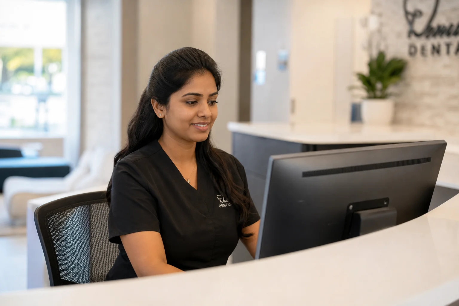 A dental office receptionist confirming an appointment on a computer at the front desk