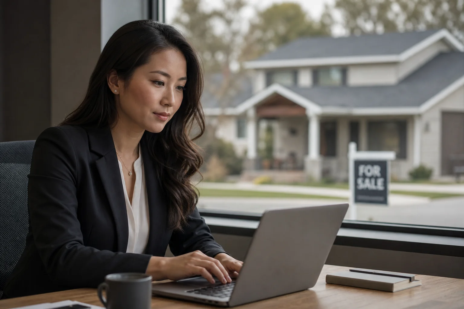 A real estate agent writing on a laptop with a for-sale house visible through a window