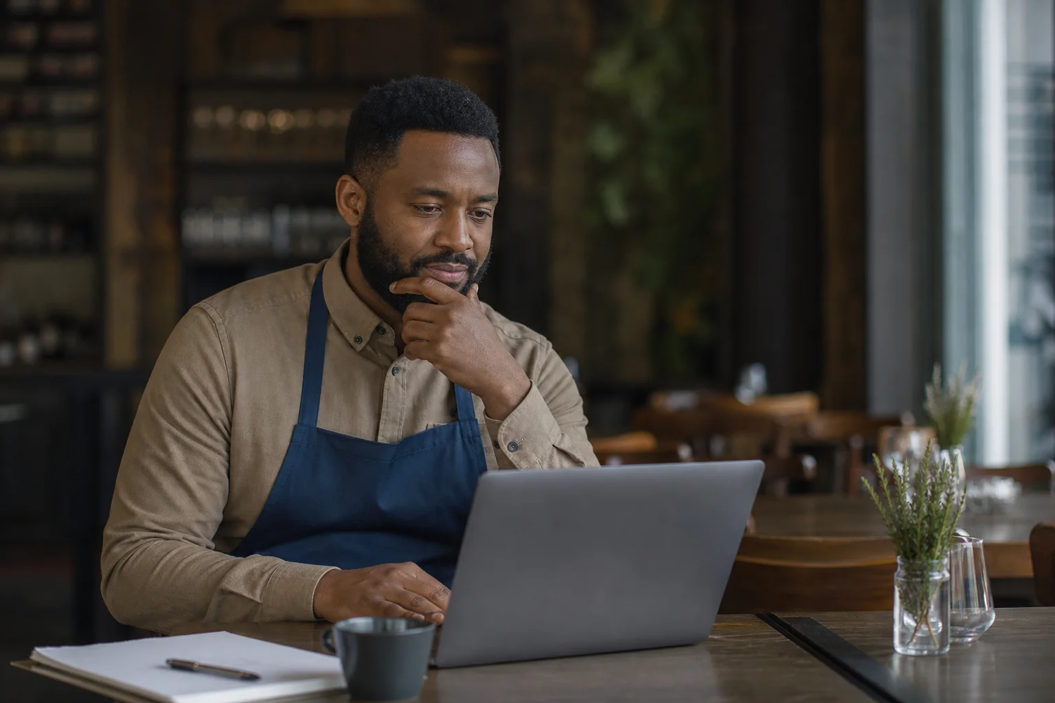 A restaurant owner reading customer reviews on a laptop in a dining room