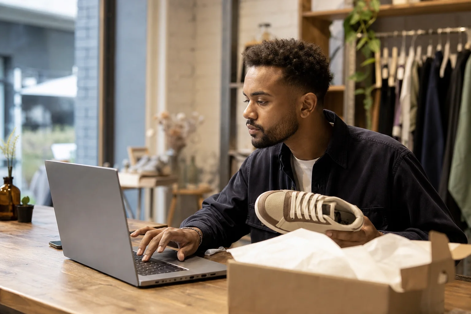 A retail shop owner photographing a product on a laptop for an online listing