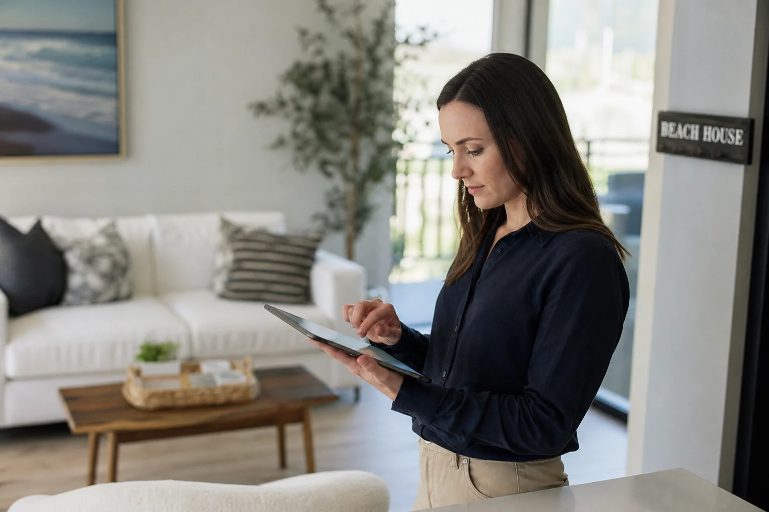 A property manager checking a vacation rental booking calendar on a tablet in a bright living room