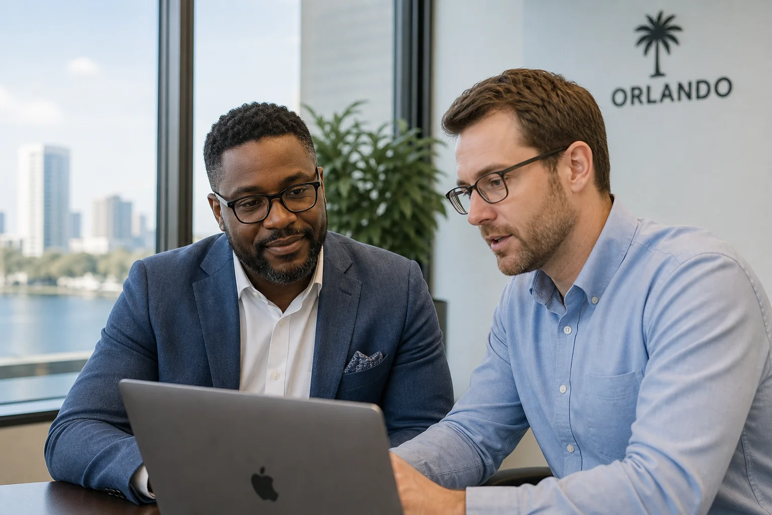 A small business owner and an AI consultant reviewing a laptop together in a bright Orlando office